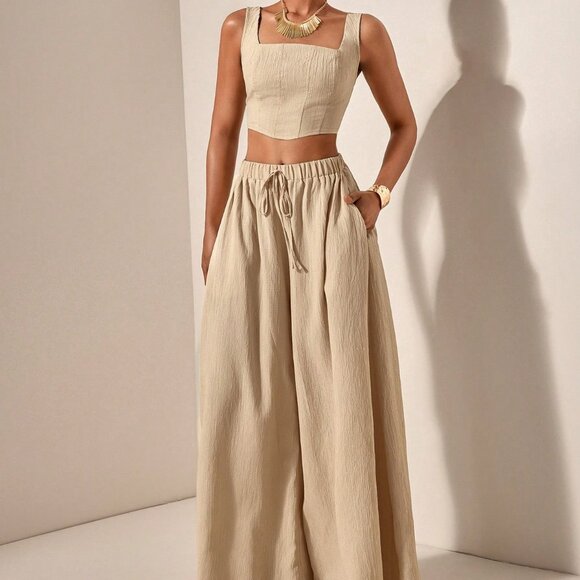 Pants - Khaki womens crop top & flowy wide legged pants textured fabric coord set